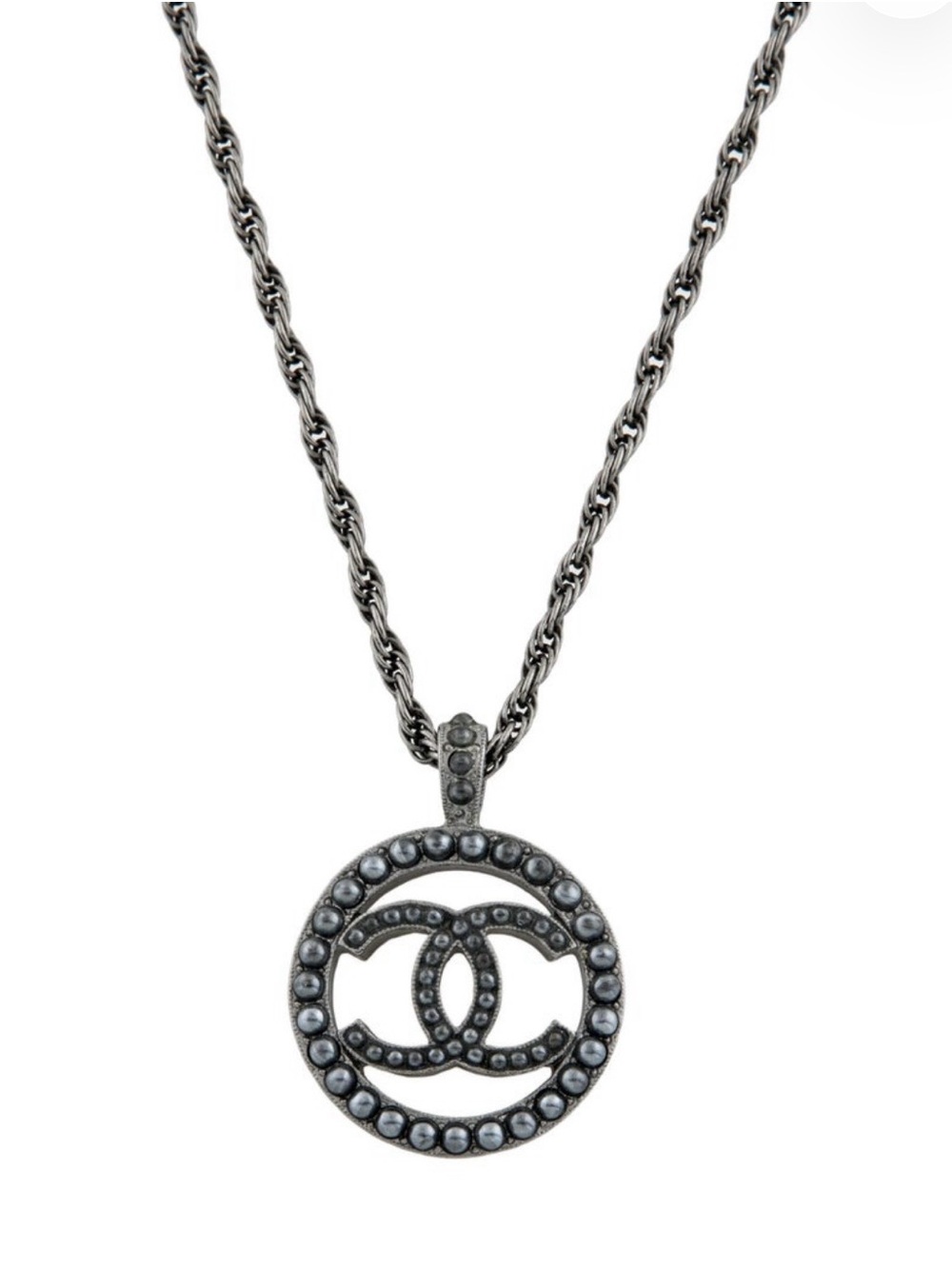 CHANEL Gunmetal CC Circle Pendant Necklace with Dark Crystals